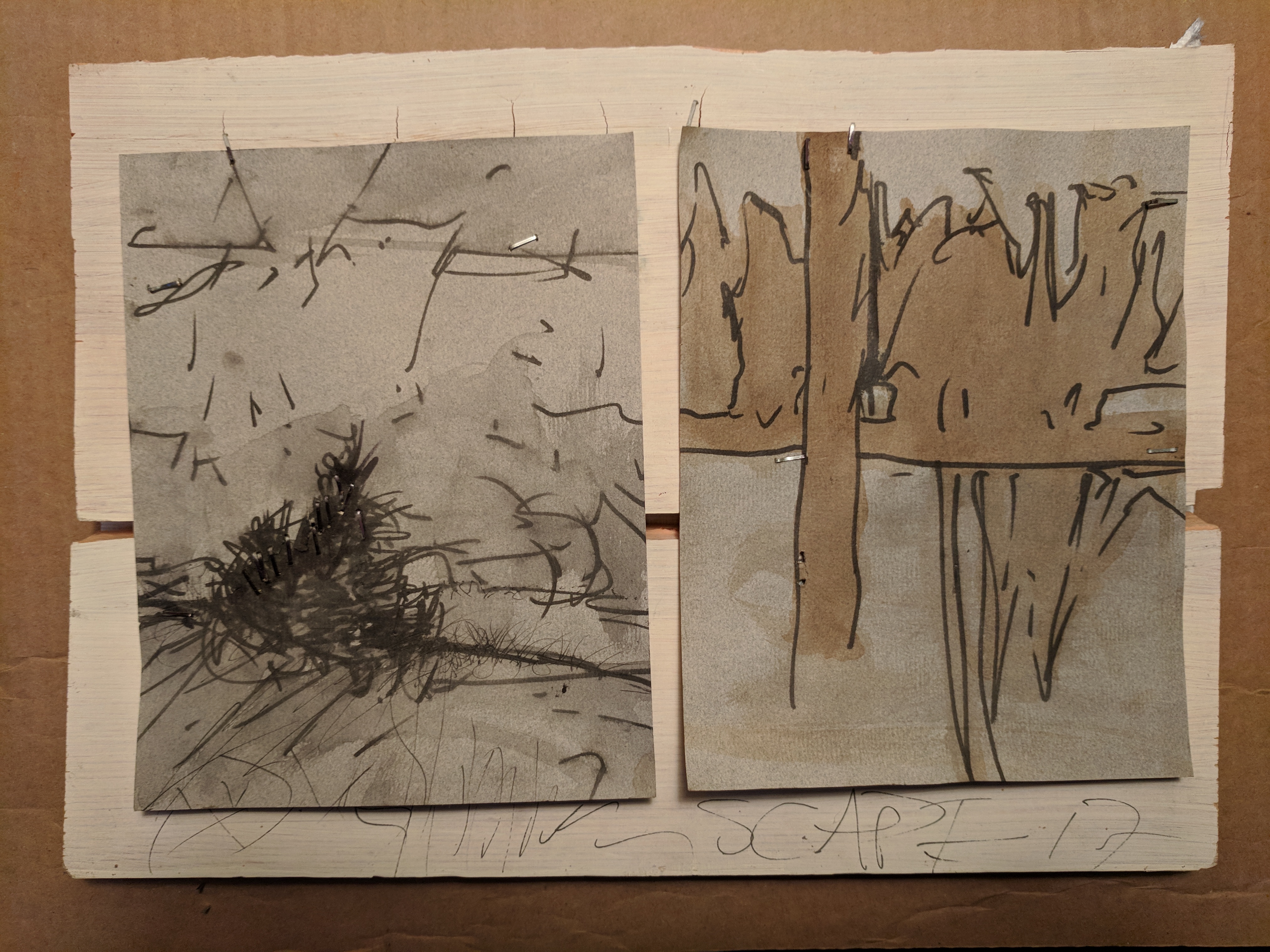 Charcoal and walnut ink on paper mounted on sheet rock and panel